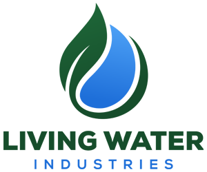 Living Water Industries logo featuring a green water droplet and blue accent, representing steel bolted water tank installation services.